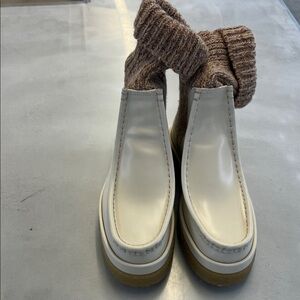 Chloe Cream Leather Walabee Style Boot with Knit Sock Detail